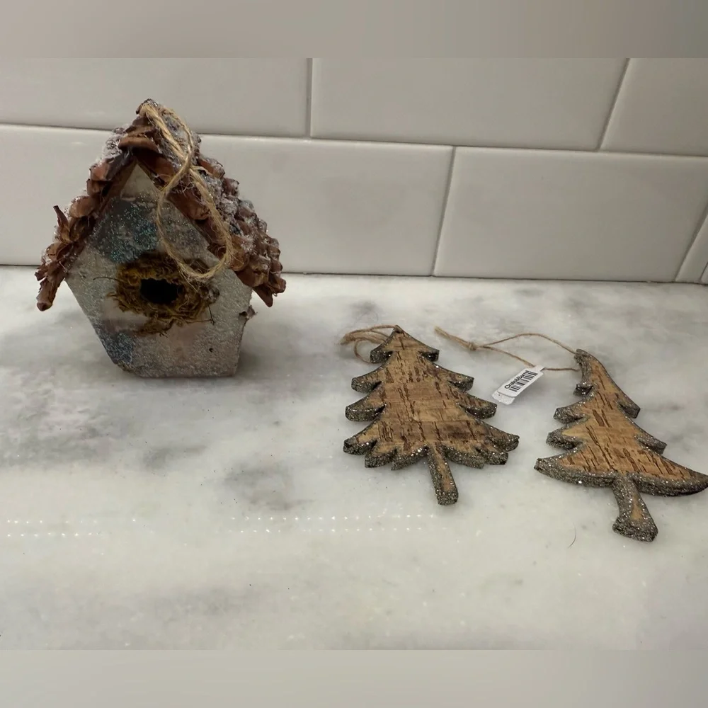 Crate And Barrel Woodland Christmas Ornaments. Set Of 3. Brand new